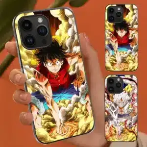 Coque smartphone One Piece lenticulaire avec Luffy Gear 5 en action, effet visuel animé